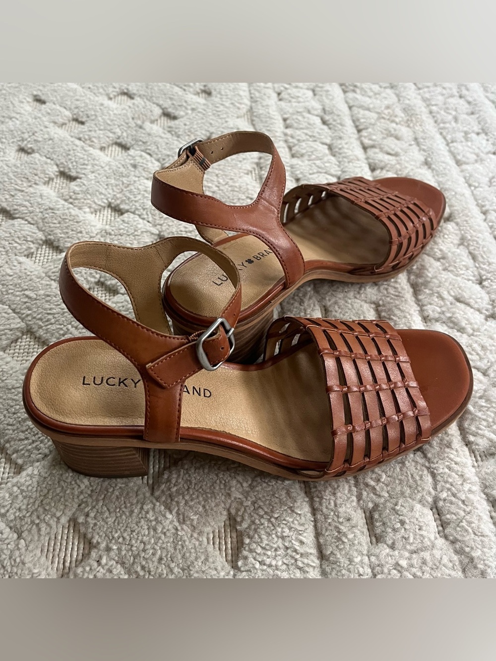 Lucky Brand Cognac Brown Woven Leather Ankle-Strap Sandals